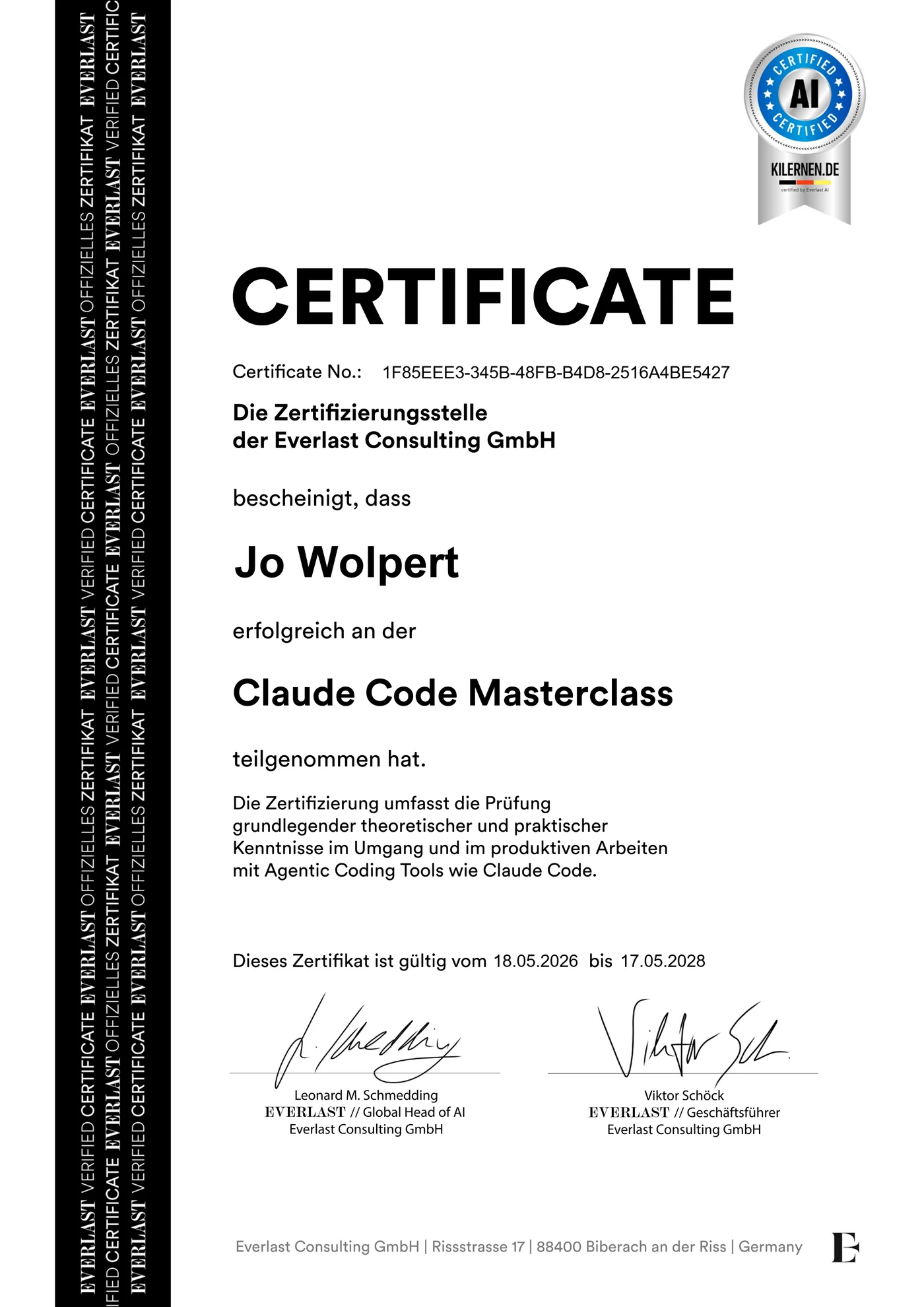 Everlast Consulting Zertifikat: Claude Code Masterclass – Joachim Wolpert