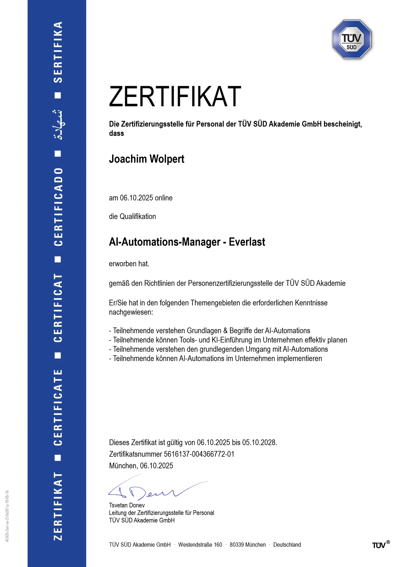 TÜV SÜD Zertifikat: AI Automation Manager – Joachim Wolpert